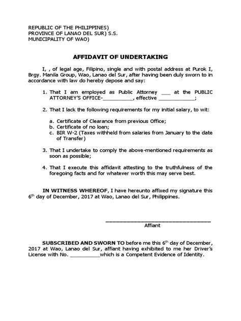 AFFIDAVIT OF UNDERTAKING .